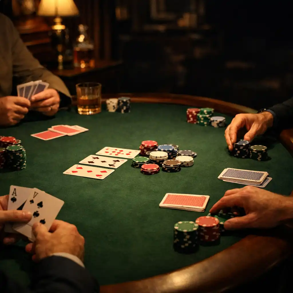 Dłonie kilku osób przy prawdziwym stole pokerowym z kartami i żetonami, oświetlonym ciepłą lampą.