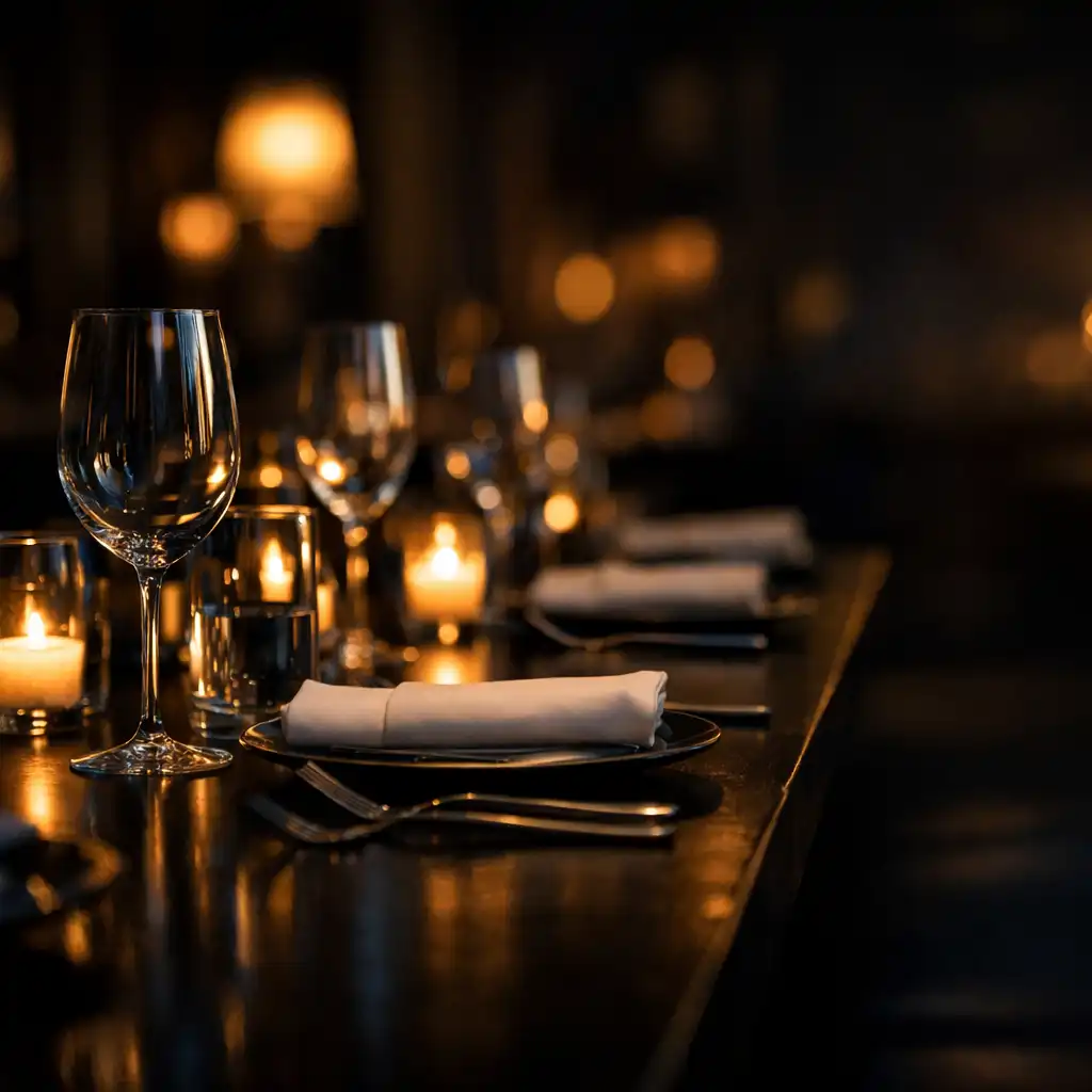 Przygotowany stół z nakryciami i szkłem na prywatną wieczorną okazję w eleganckiej restauracji.