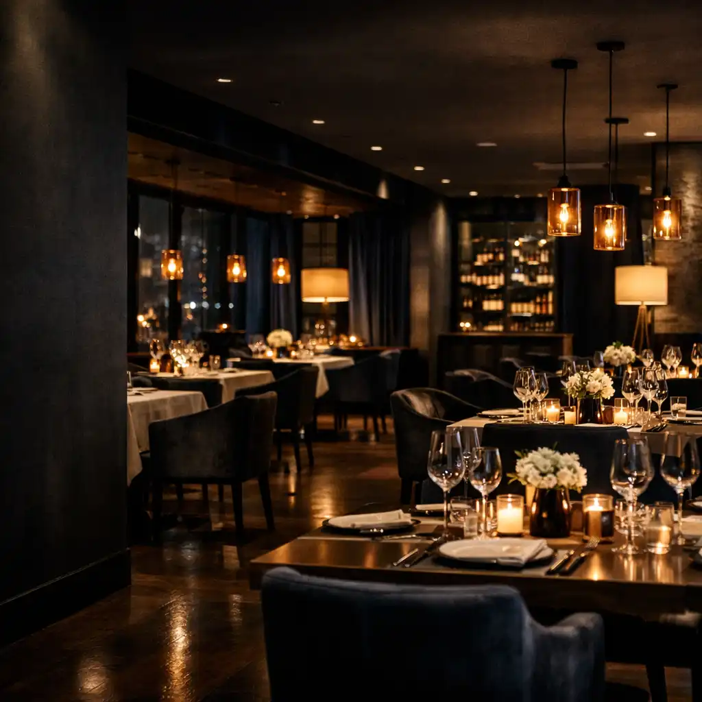 Widok z narożnika restauracyjnej sali na starannie nakryte stoły, szkło i ciepłe lampy w ciemnym wnętrzu.