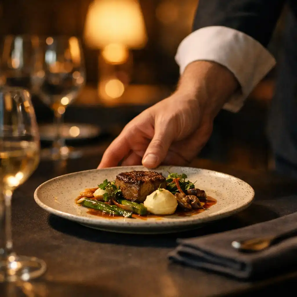 Dłoń ostrożnie stawiająca talerz na ciemnym, nakrytym stole w restauracji.