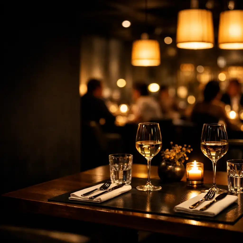 Nakryty stół dla dwojga w nocnej restauracji, oświetlony ciepłymi lampami, z rozmytą salą w tle.
