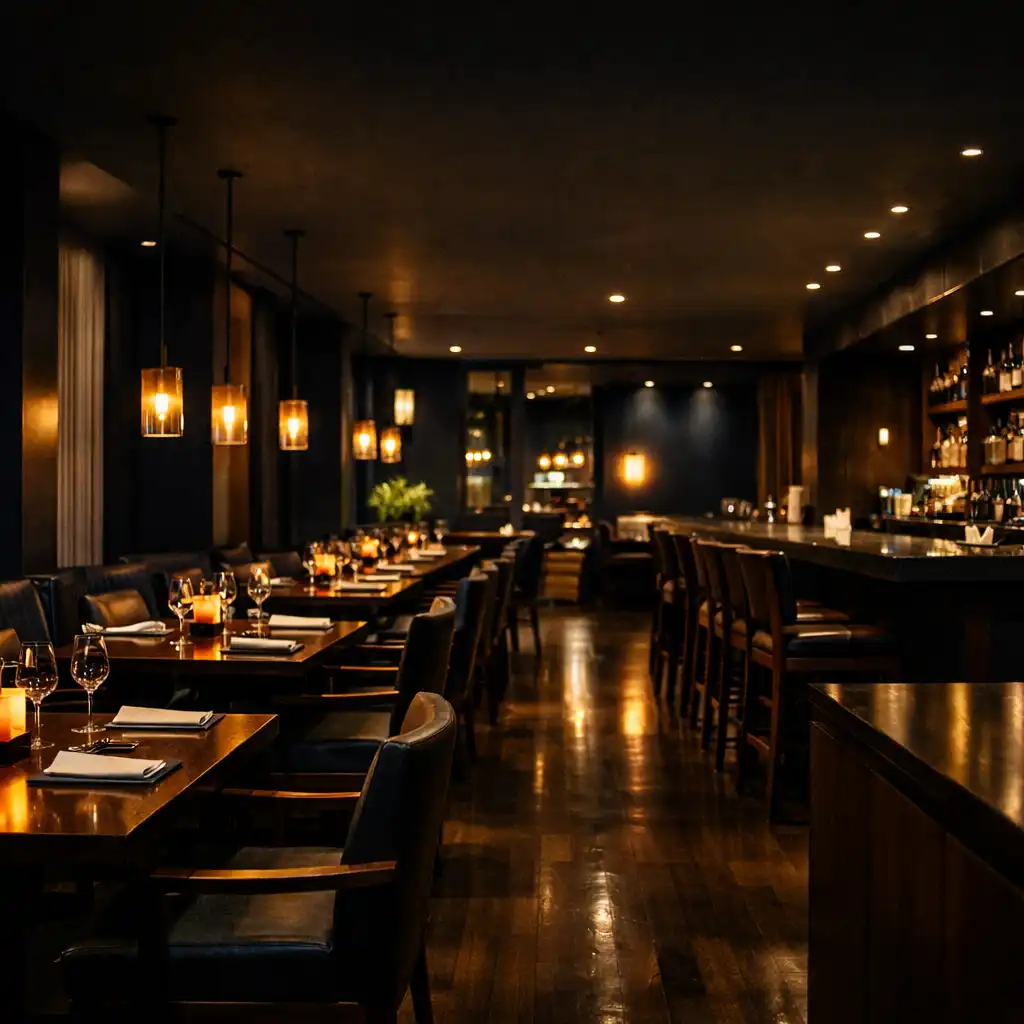 Szeroki widok nocnego wnętrza restauracji z ciepłymi punktami światła nad stołami