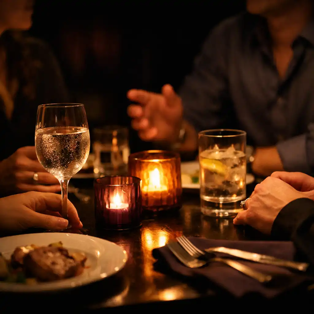Dłonie i nakrycia podczas swobodnej rozmowy przy restauracyjnym stole