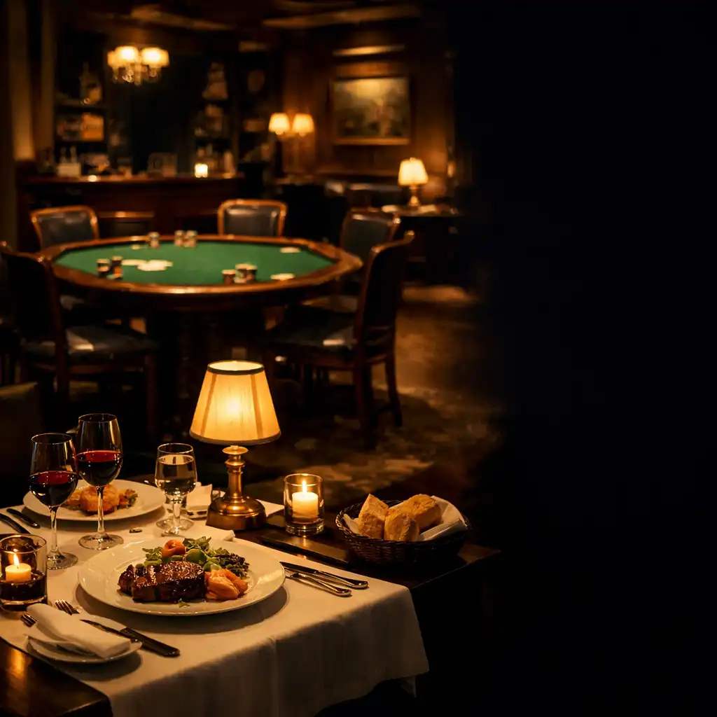Nakryty stół podczas wieczornej kolacji, z dyskretnie widocznym stołem pokerowym w głębi restauracji