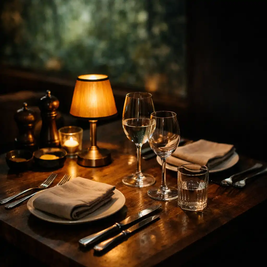 Kameralnie nakryty stół restauracyjny w ciepłym wieczornym świetle