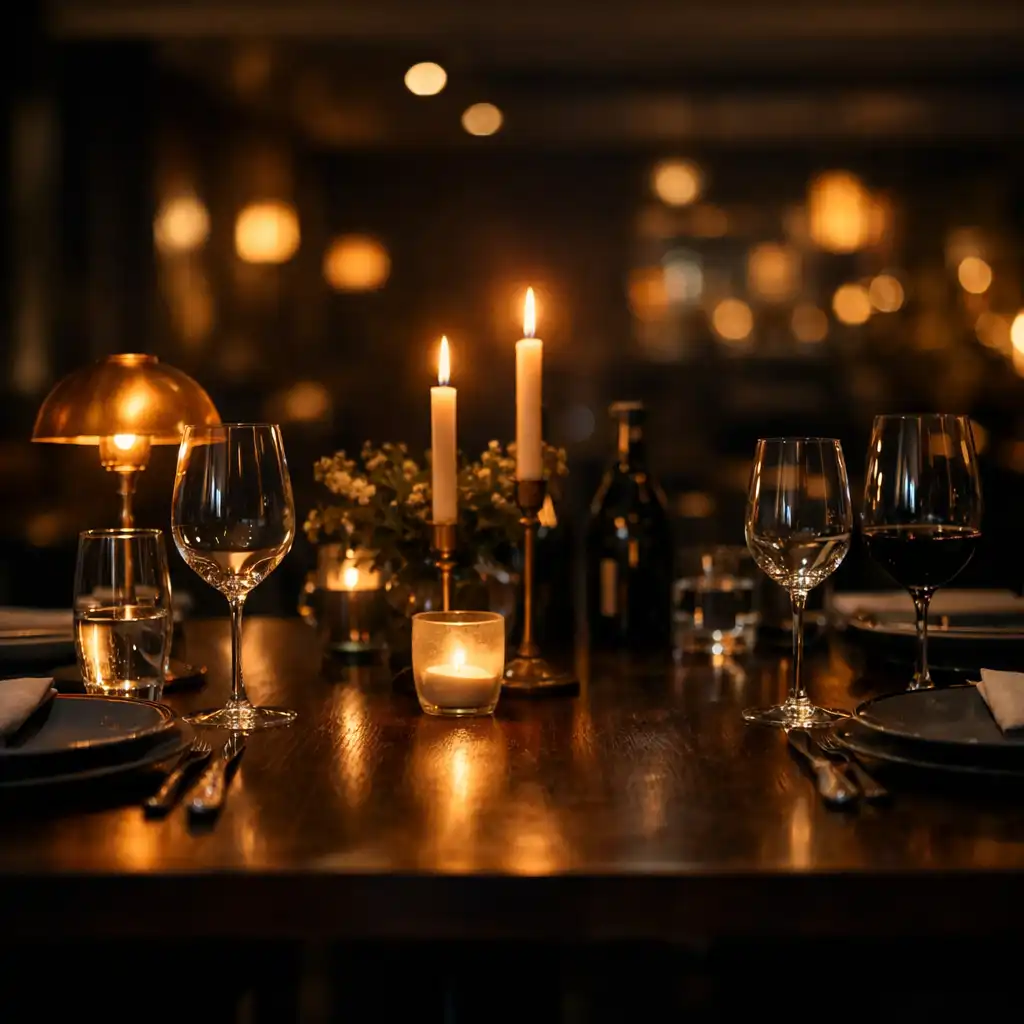 Kameralny restauracyjny stół przygotowany na wieczór przy ciepłym świetle