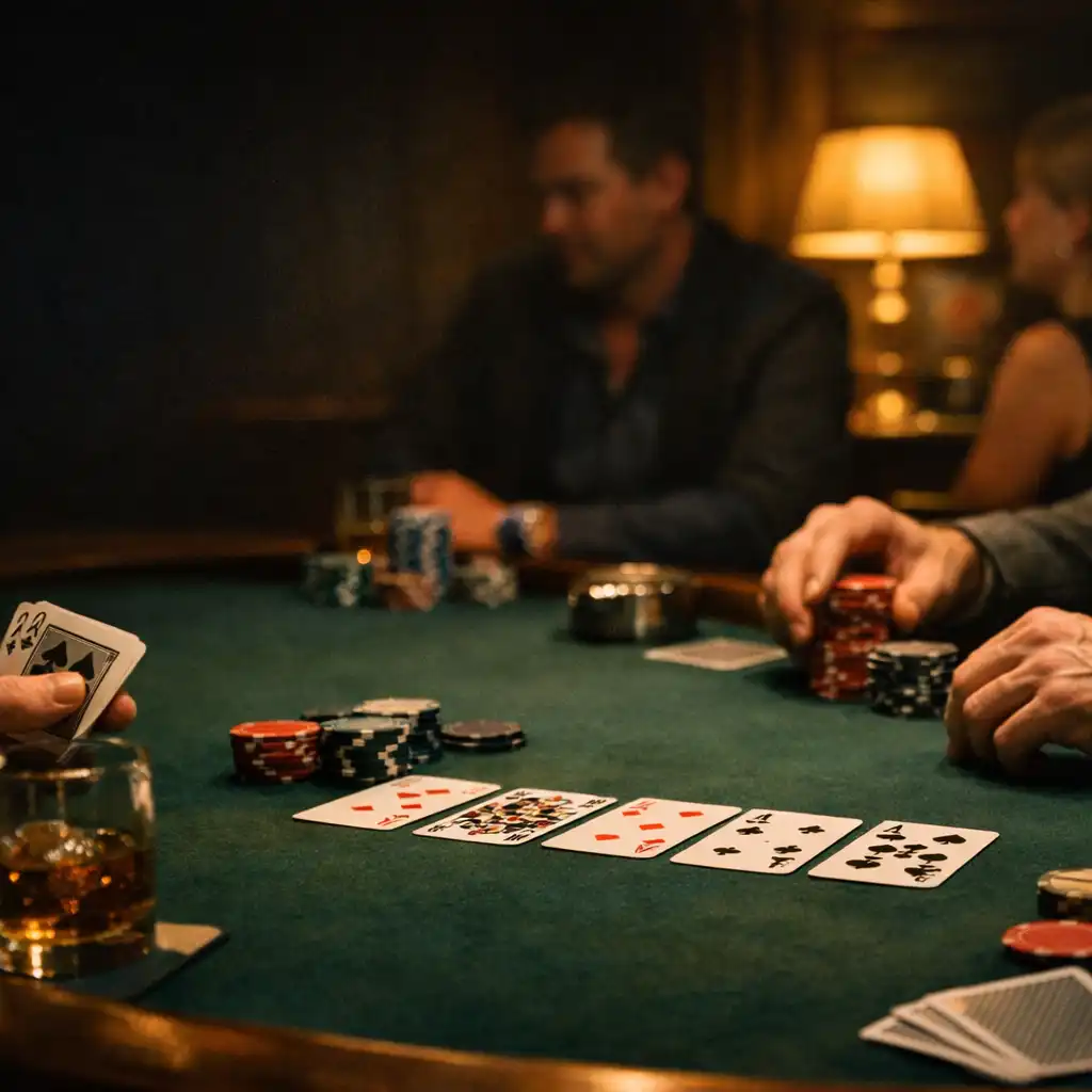 Dłonie uczestników przy prawdziwym stole pokerowym w przygaszonym, restauracyjnym świetle