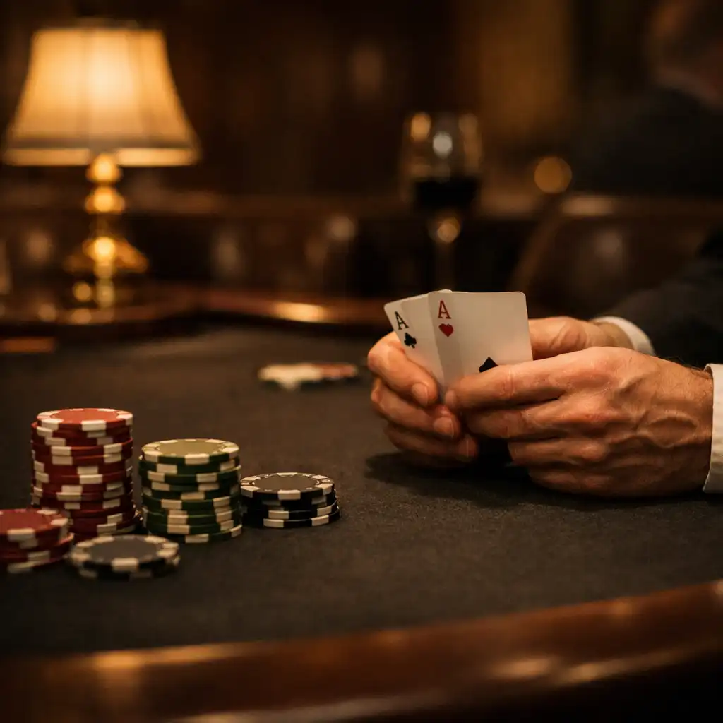 Dłonie uczestników przy fizycznym stole pokerowym z kartami w eleganckim pokoju kart