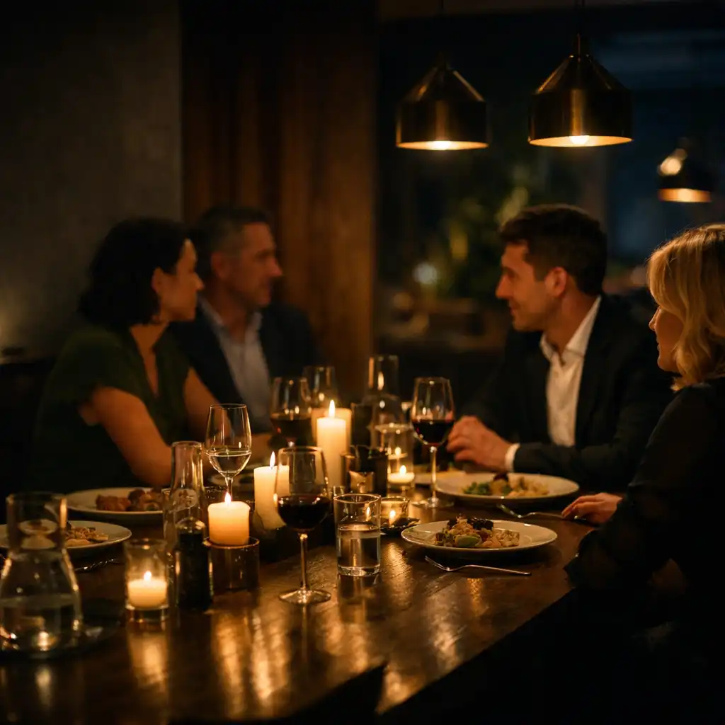 Goście rozmawiający przy prywatnej kolacji w ciepło oświetlonym wnętrzu restauracji