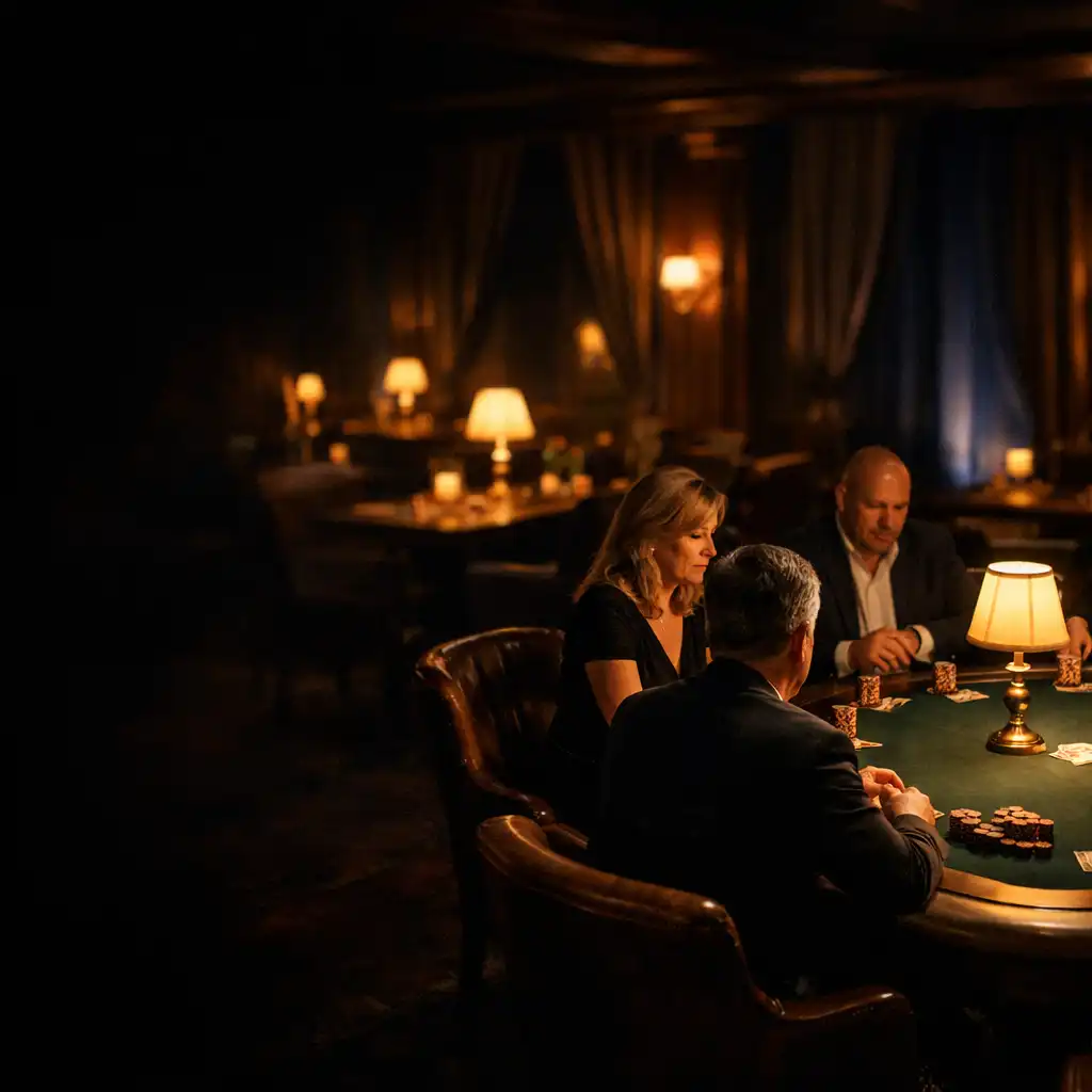 Nocne wnętrze restauracji z prawdziwym stołem pokerowym i gośćmi siedzącymi przy nim