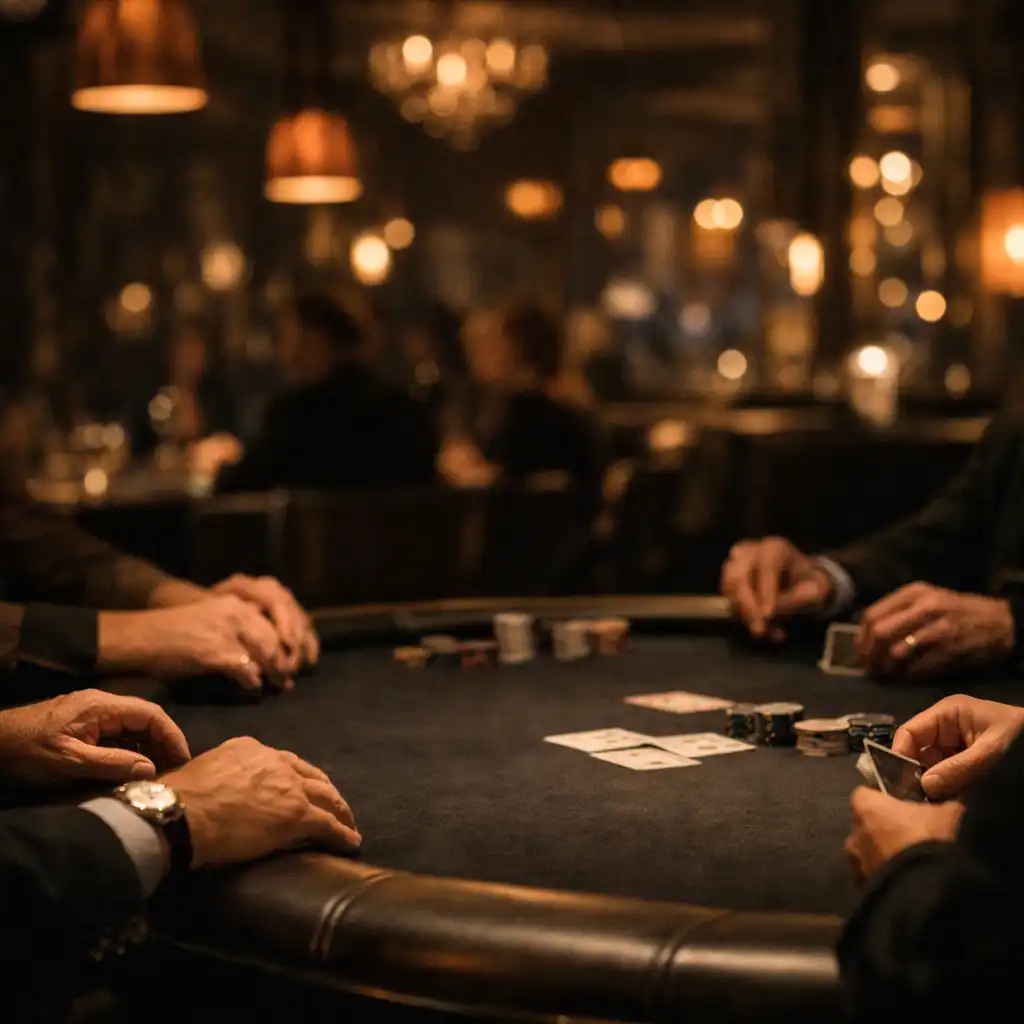Dłonie gości przy ciemnym stole pokerowym w eleganckim, ciepło oświetlonym salonie